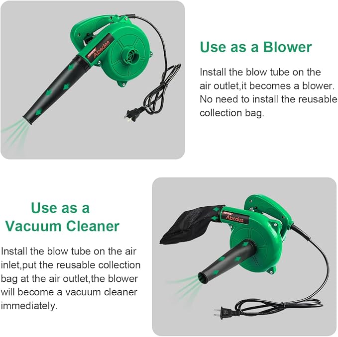 Corded Electric Leaf Blower2 in 1 Small Handheld Lightweight Sweeper/Vacuum110V 400W Portbale Blower for Leaf/Snow/Dust Blowing (Green)