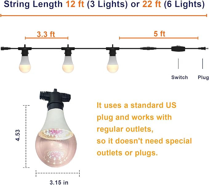 LED Grow Light Bulbs on a 22 ft Rainproof String 90W Waterproof Full Spectrum Hanging Plant Growing Lamps E26 Base for Backyard Garden Farm (6 Lights)