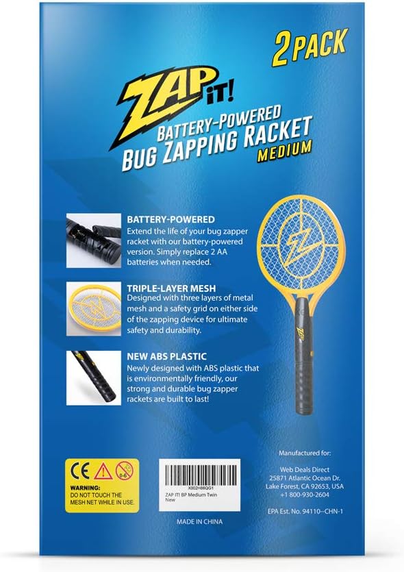 Zap It Bug Zapper Battery Powered (2xAA Included) Bug Zapper Racket 3500 Volt 2 Pack