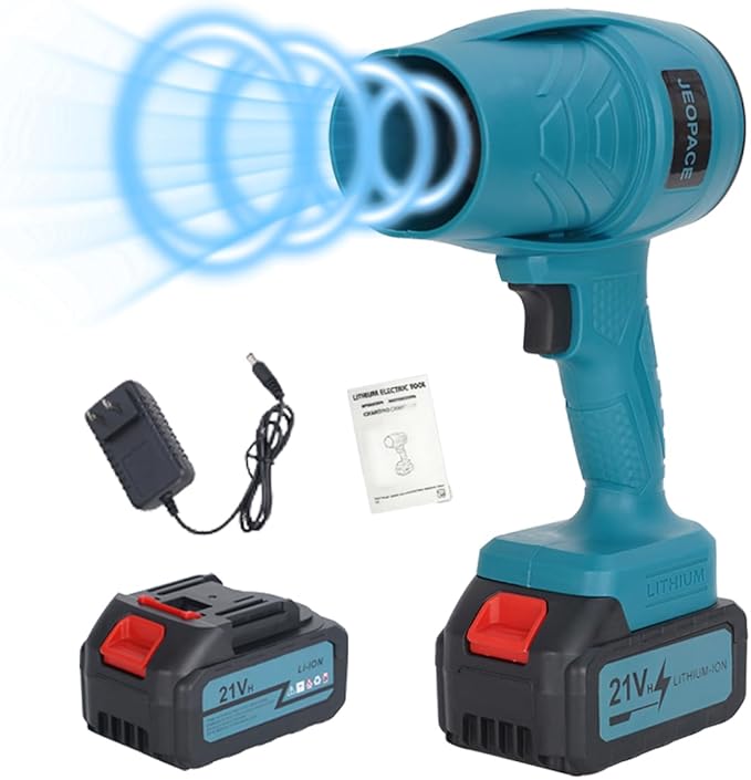 Electric Leaf Blower Mint Green 21V Lithium Battery Powered Cordless Handheld Design with 3 Batteries Charger Storage Case (蓝色*电池*1)