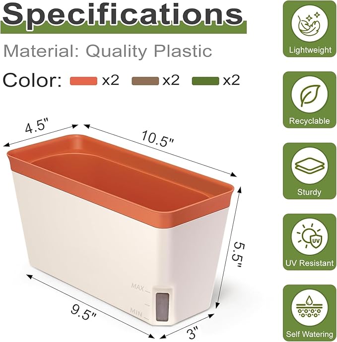 OurWarm Self Watering Pots for Indoor Plants 6 Pack 10.5 Inch Plastic Window Herb Planter Box with Water Level Indicator Modern Decorative Windowsill Planters for Herbs Flowers Seedlings