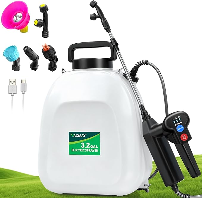 VAXMAY Battery Powered Sprayer 3.2 Gallon Backpack Sprayer with 3 Adjustable Forces Battery Indicator 5 Mist Nozzles 41 Retractable Wand USB Rechargeable Garden Sprayer for Weed Lawn Yard