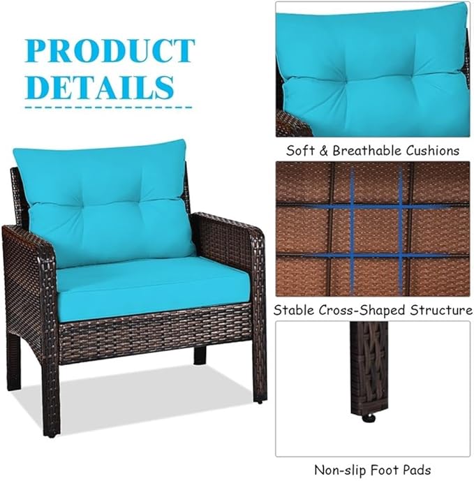 Pemberly Row 3-Piece 26'' Rattan Conversation Set Outdoor Seating Ensemble Built for Casual Comfort and Interaction Turquoise