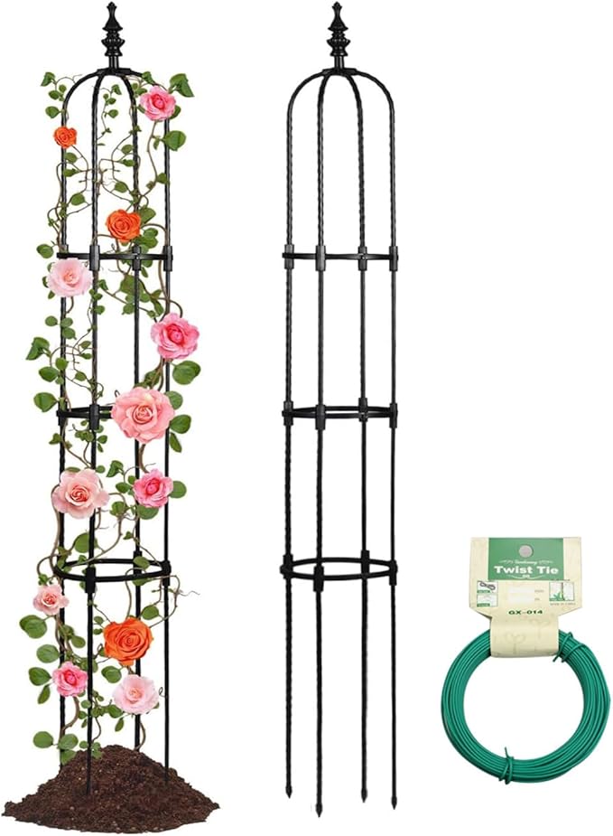 Trellis for Climbing Plants Outdoor3/4/5Ft Tower Garden Obelisk Trellis with Twist TieMetal Potted Plant Climbing Support for Indoor Outdoor Flowers Vegetable Fruits Vines Support (5FT)