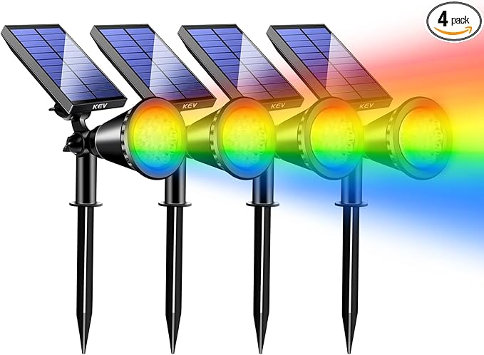 KEV Solar Spot Lights Outdoor18 LEDs Solar Flood Lights with 8 Modes &ampColored Adjustable &ampIPX65 WaterproofChristmas Solar Spotlight for Driveway/Backyard/Landscape/Tree/Garage(Multicolor4 P
