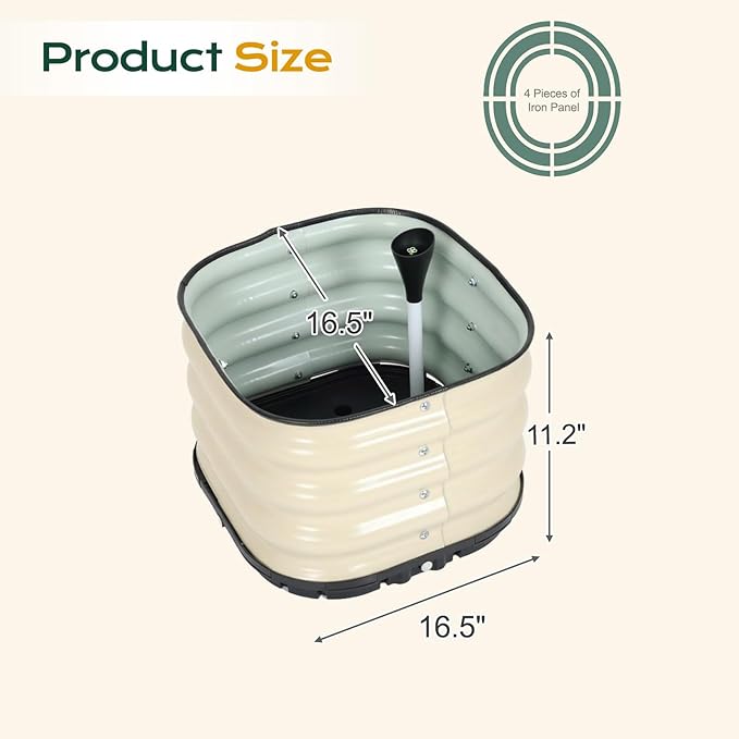 Aoodor Galvanized Raised Garden Bed 16.5'' Self-Watering Planter Box with Drainage Plug and Water Reservoir for Indoor &amp Outdoor Gardening Self-Watering Pot for Balcony Patio Backyard Beige