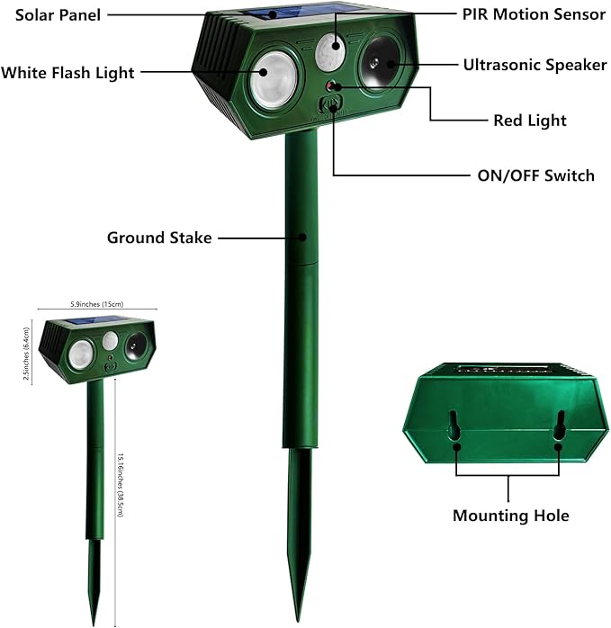 2025 Deer Repellent Devcies Solar Ultrasonic Animal Repellent Outdoor Waterproof Rabbit Repellent with PIR Motion Detection Flash Light for Dog Cat Bird Squirrel Skunk Raccoon for Yard (4 Pack)