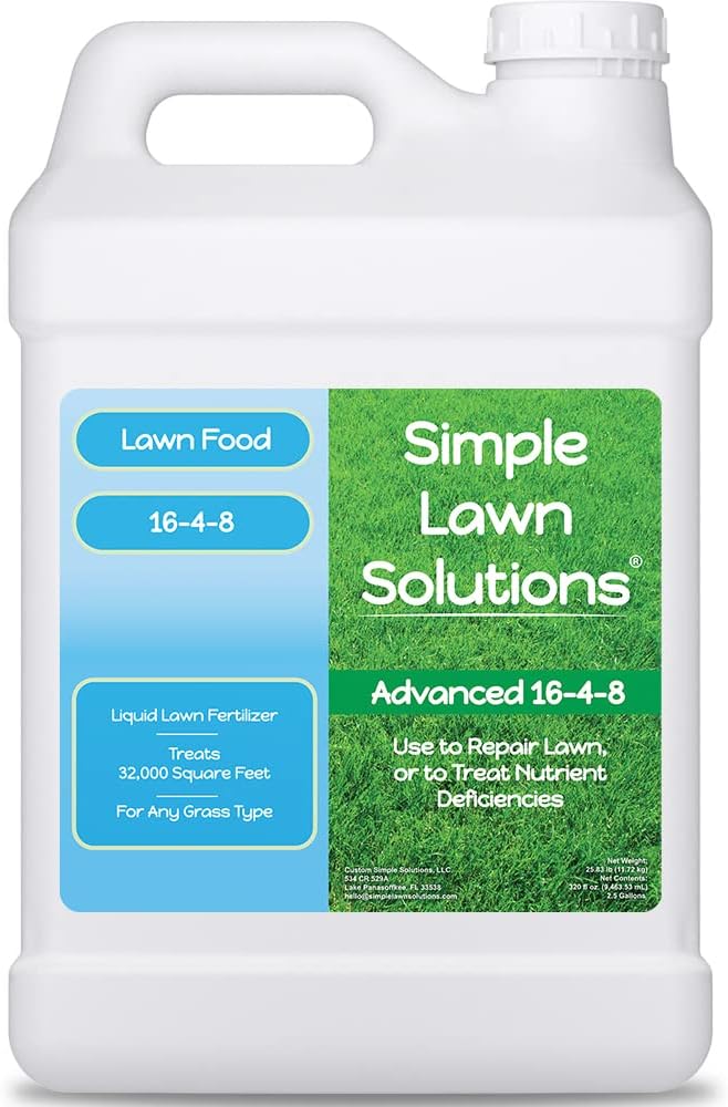 Advanced 16-4-8 Lawn Fertilizer - Liquid Lawn Food Spring &amp Summer Concentrated Spray - Any Grass Type- Fish and Seaweed Kelp- Balanced NPK - Simple Lawn Solutions (2.5 Gallons)