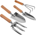 Veemoon 4pcs Wooden Handle Garden Tools Set with Yard Rake Hand Rake Wide and Pointed Shovels for Planting and Outdoor Gardening Tasks