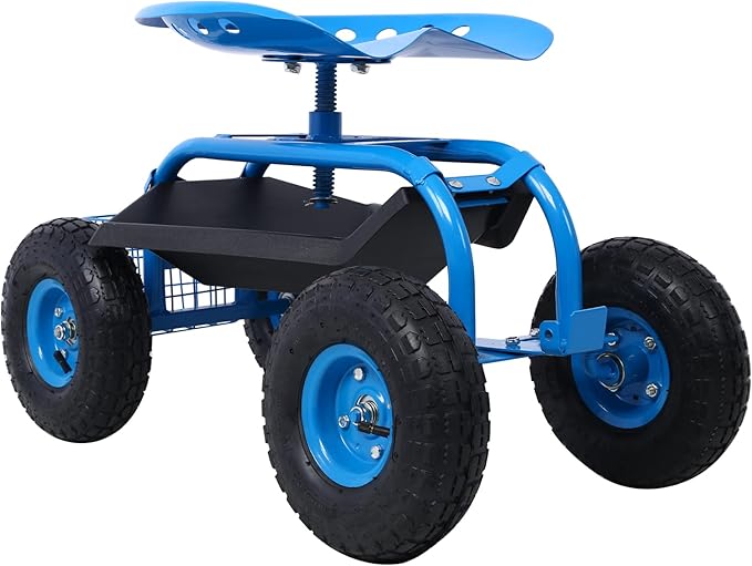 Rolling Garden Scooter with 360 Degree Swivel Seat Steering Handle &amp Tool Tray Gardening Stool for Planting Garden Work Seat with Wheels for Outdoor Patio &amp Yard (Blue)