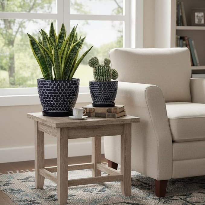 Docrin Blue Honeycomb Ceramic Plant Pot Set - 6.6+5.5 Inch Modern Decorative Planters with Drainage Holes &amp Saucers for Indoor/Outdoor Home Office