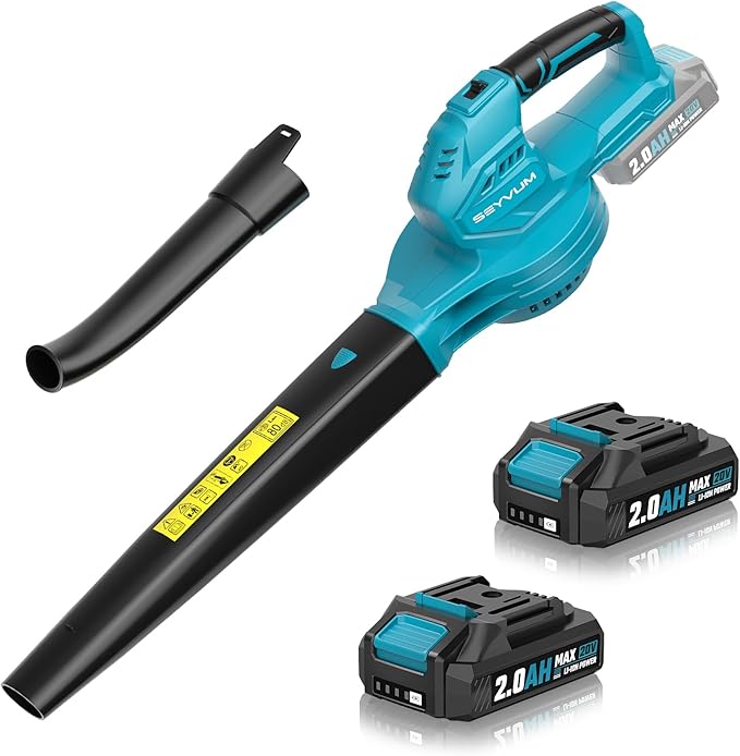 SEYVUM Leaf Blower 20V Cordless Blower with 2 x 2.0Ah Battery Electric Leaf Blowers for Lawn Care 350 CFM 150 MPH Battery Powered Leaf Blower for Patio Garden Cleaning Fast Charger Blue