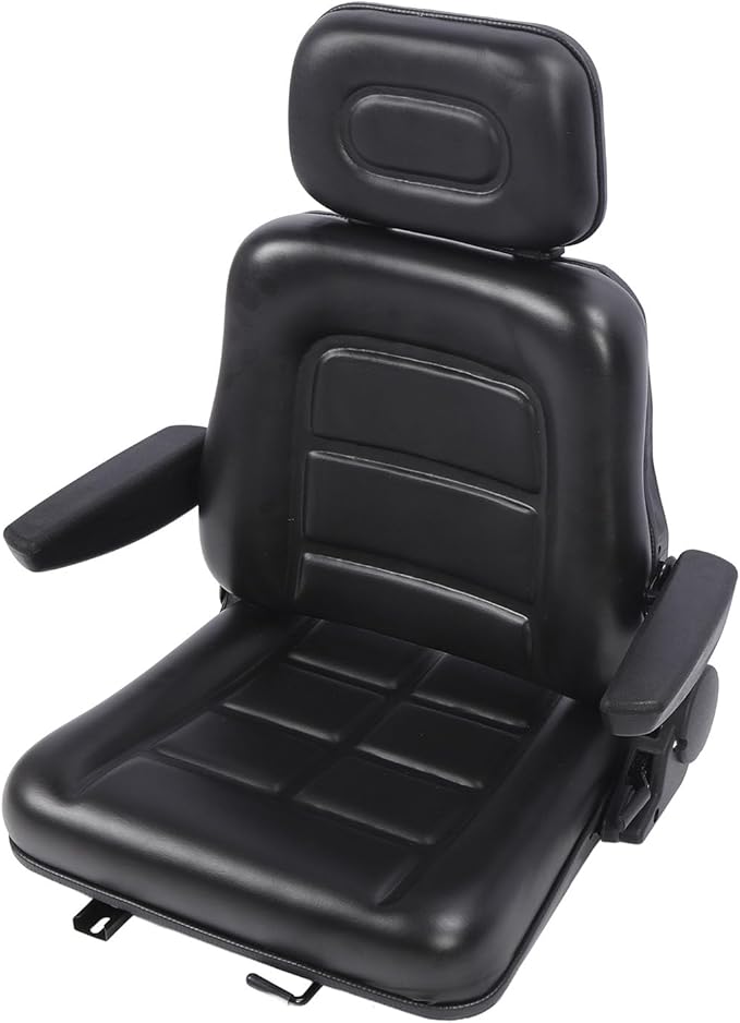 Generic Lawn Mower Fit for Seat Comfortable PVC Leather Universal Forklift Fit for Seat with Multi Angle Adjustment for Tractors Telehandler Backhoe Black (With armrest)