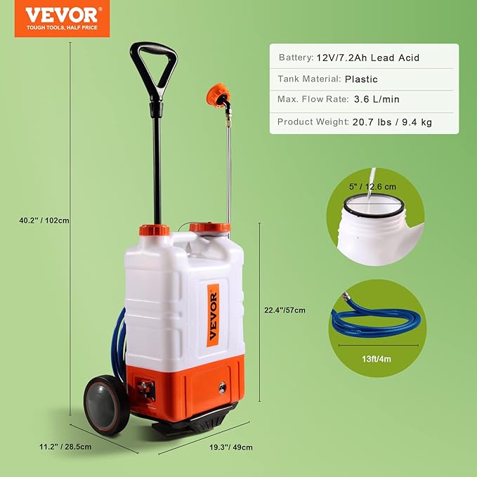 VEVOR 4 Gallon Battery Powered Backpack Sprayer with Wheeled Cart Adjustable 0-94 PSI 13FT Hose 6 Nozzles 2 Wands Included Wide Mouth Lid for Weeding Cleaning Long Spray Time Without Fatigue