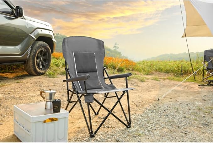 High Back Heavy Duty Lawn Chair Support 250LBS Portable Collapsible Chair with Cup Holder (Gray + Steel)