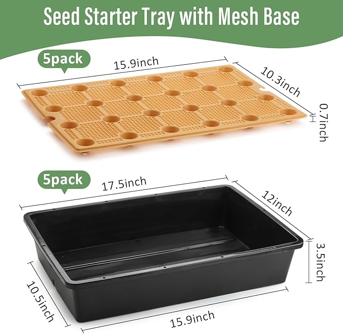 5 Pack Nursery Pots Trays with Removable Mesh Drainage Mat Plastic Seed Starter Trays (17x12x3.5) with Drainage Hole Propagation Kit for Seedlings Microgreens Plant Germination (Black)