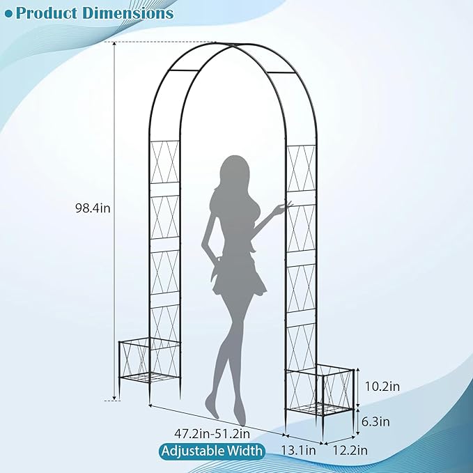 Metal Garden Arch Trellis for Climbing Plants Outdoor 8.2FT Garden Arbors Archway Arched Trellis with Planter Boxes Wedding Arches for Ceremony Arch Backdrop Stands for Party Decorations Black
