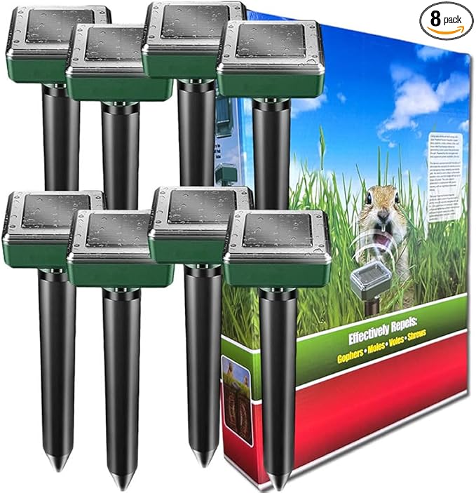 Mole Repellent Ultrasonic Solar Powered Animal Repellent for Outdoor Lawn Garden for Snakes Moles Gophers Groundhogs Voles and Other Burrowing Rodents (8 Pack)