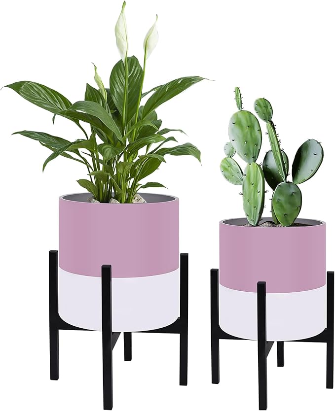 Planter with Stand Set of 2 Modern Plant Pots with Metal Legs IndoorFlower Pots with Drainage Holes Matching Decorative Garden Pot for Living Room Office Garden or Balcony 10 &amp 12 Inches