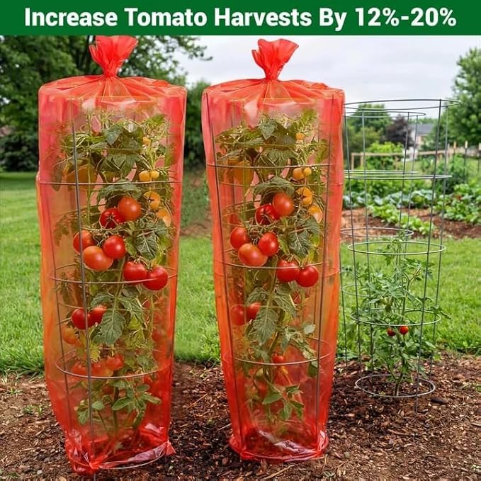 Red Greenhouse Film for Tomatoes 4Mil 4x50FT Tomato Cage Covers with Cable Ties UV Resistant Red Plastic Film for Early Harvest Easy DIY Installation Protect Plants Against Pests and Harsh Weather