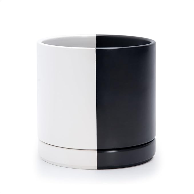 D'vine Dev 8.2 Inch Ceramic Planter Pot with Drainage Hole and Saucer Indoor Cylinder Round Planter Pot Split Monochrome Black &amp White 94-O-D-0