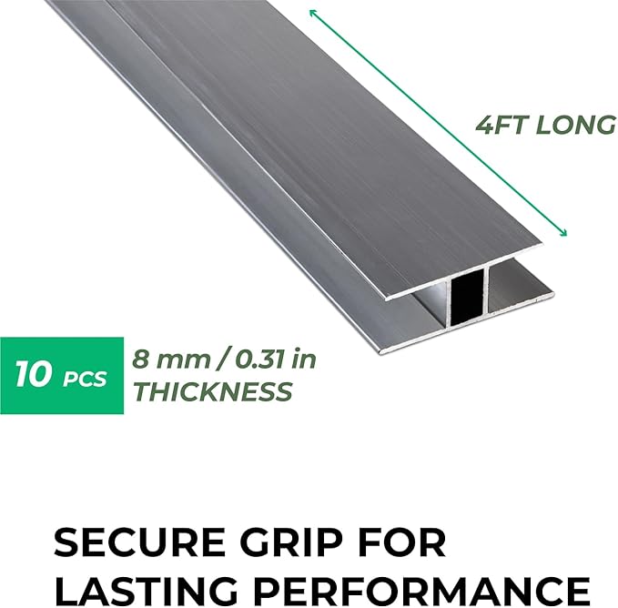 Aluminum H Connectors - Fits 4mm 6mm 8mm or 10mm Twin-Wall Greenhouse Panels Join 2 Pieces of Panels Together 4-Foot Length 10 Pieces (8mm Aluminum H Connectors)
