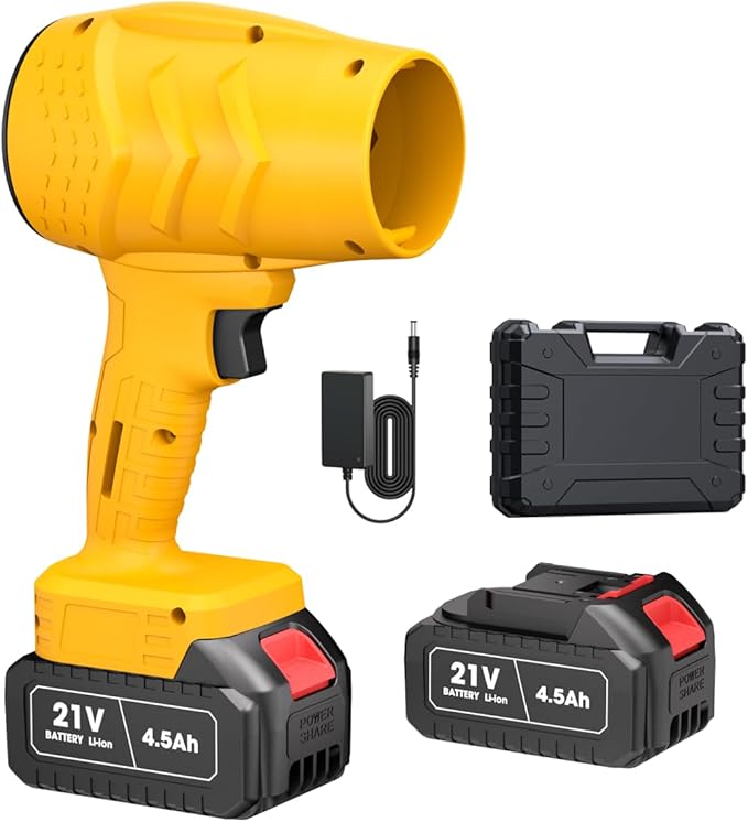 Electric Mini Leaf Blower Powered Handheld Blower Leaf Adjustable Wind Speed Cordless 21V Battery Blower with 2 Rechargeable Batteries and Charger Toolbox for Yard Leaf &amp Snow Removal(Yellow)