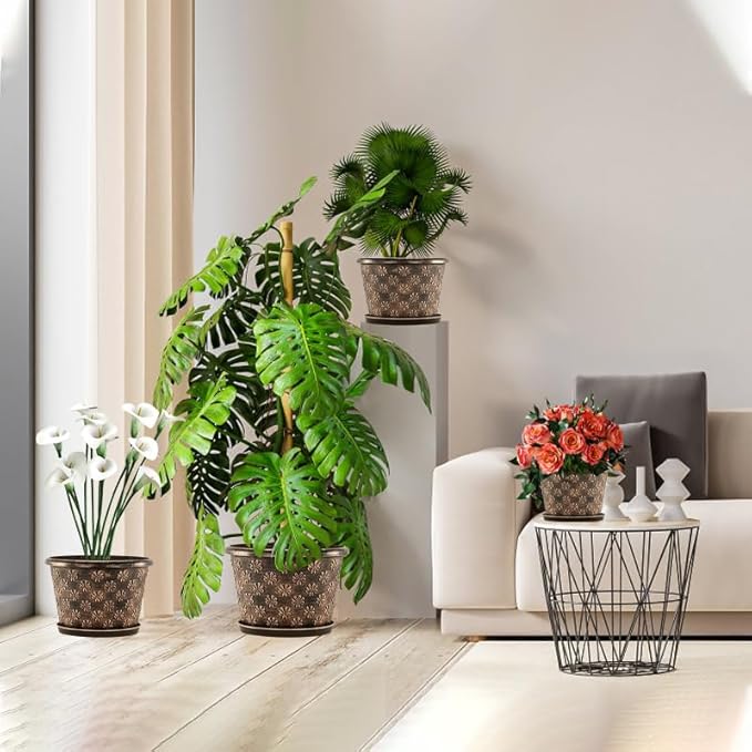 16 Inch Planter Pots for Plants Plastic Large Flower Pots Indoor Outdoor 4 Pack Resin Plant Pot with Drainage &amp Saucer Retro Decorative Garden Pot with Removable Trays for House
