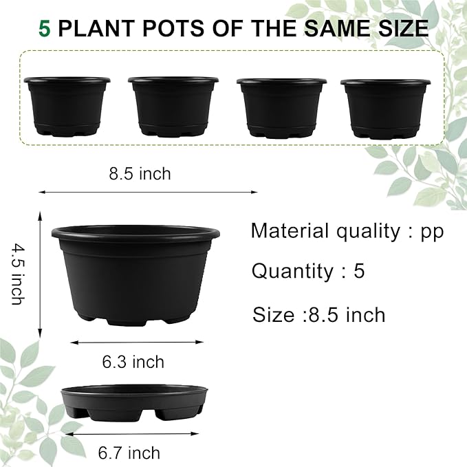 5 Pack 8.5 inch Plant PotOutdoor Flower PotsPlastic pots for Plants Indoor with Drainage Holes and Trays Decorative Garden Containers Sets for Houseplants