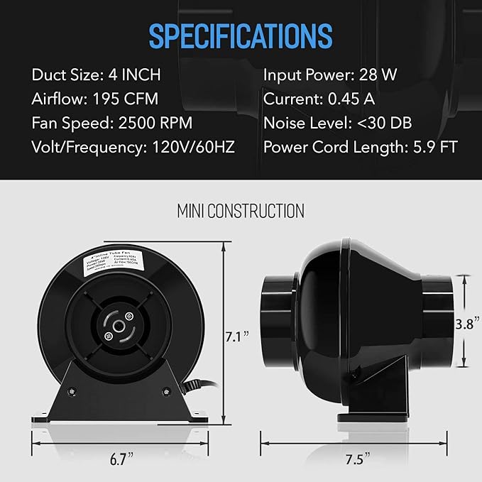 iPower 4 Inch 195 CFM Inline Fan Vent Blower Air Carbon Filter 8 Feet Ducting Speed Controller Rope Hanger and Temperature Humidity Monitor for Grow Tent Ventilation Exhaust HVAC Heating Cooling