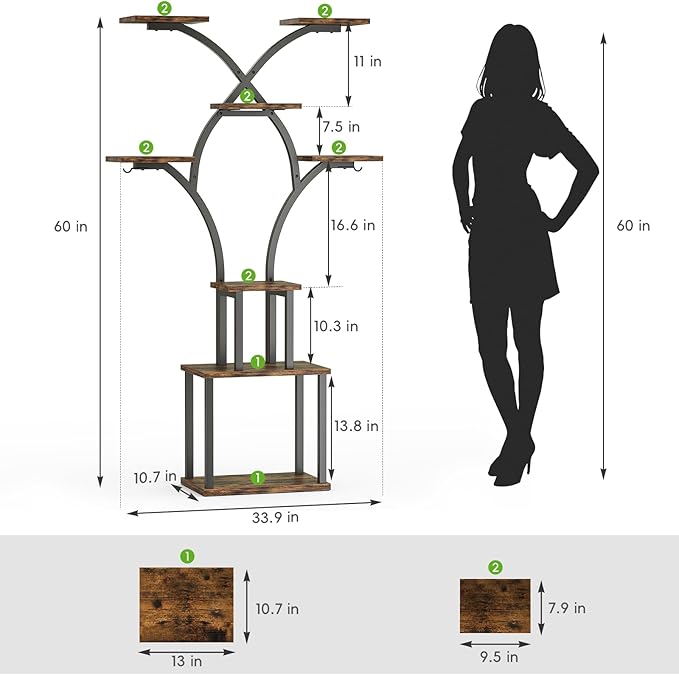 Elbourn Plant Stand Indoor with Grow Lights - 60 Tall Metal Plant Shelf for Multiple Plants 8 Tiered Corner Plant Stands for Indoor Plants X - Shaped Decorative Rack for Home Living Room &amp Pat
