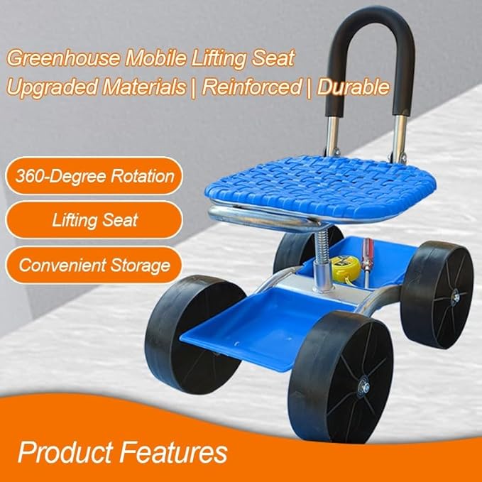 Garden Cart Rolling Workseat Rolling Stool with Wheels and Storage Shelf Foldable Garden Seat with 360° Rotating Seat Adjustable Height 23-35cm for Patio Lawn Yard(B)