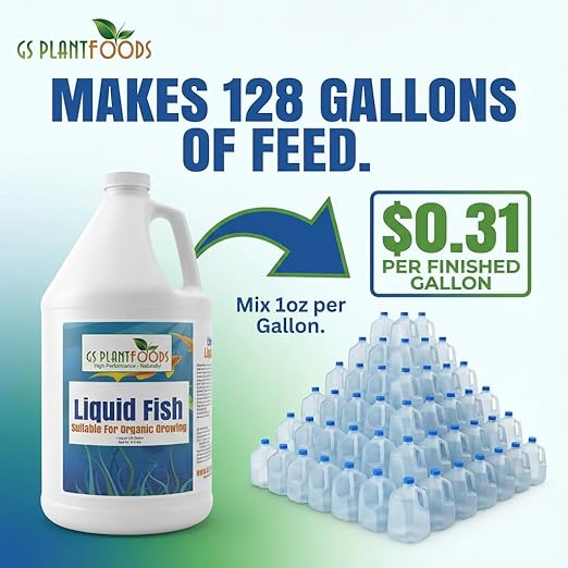 GS Plant Foods Liquid Fish Fertilizer - Organic Material Review Institute Listed (55 Gallons) – Natural Hydrolyzed Fish Fertilizer for Gardens Lawns &amp Container Growing