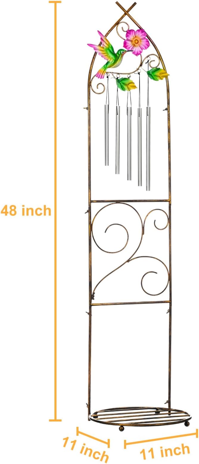 Garden Trellis with Plant Stands 48” Metal Detachable Hummingbird Plant Pot Trellis with Wind Chimes for Climbing Plants Outdoor Lawn Patio Porches Decor