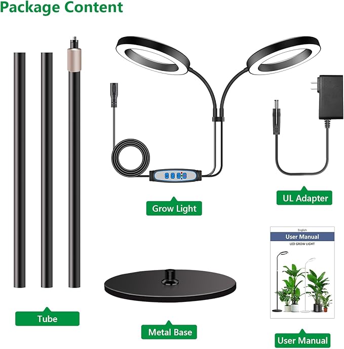 Large Plant Light for Indoor Plants 2 Head Full Spectrum Grow Light with 68 Adjustable Stand for Growing Large Tall Plants Black Halo Floor LED Grow Lamp with 16 Hour Timer