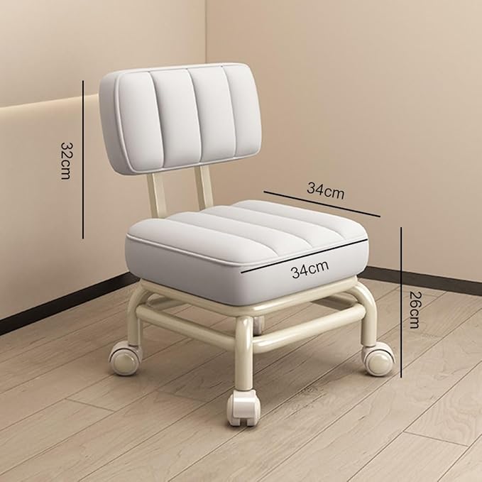 Ergonomic Low Rolling Stool With Back Support Soft Pu Leather Seat Metal Frame 360° Swivel Short Stool For Home Garden Office Garage Shop Comfortable And Durable Roller Chair With Rice White One Siz