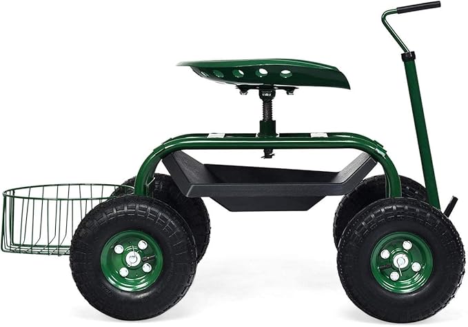 Goplus Rolling Garden Seat with Wheels Outdoor Gardening Scooter with 360° Swivel Seat Tool Tray &amp Basket Adjustable Steering Handle for Lawn Gardening Stool Garden Cart for Planting