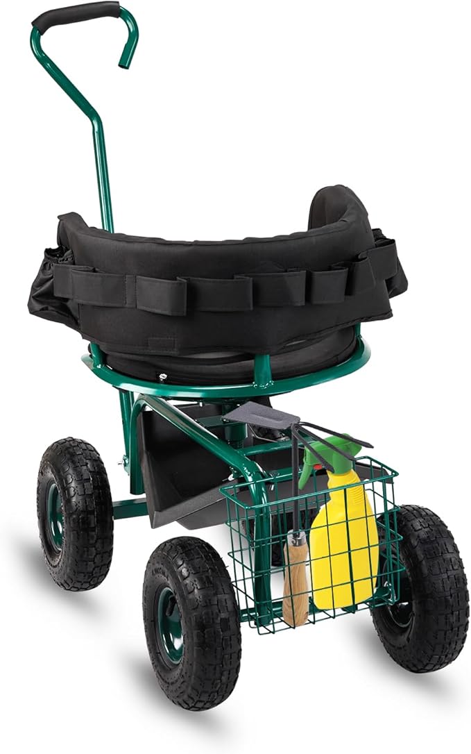 Rolling Garden Cart with Padded Seat and Backrest 360-Degree Swivel Gardening Scooter for Planting Weeding and Outdoor Tasks