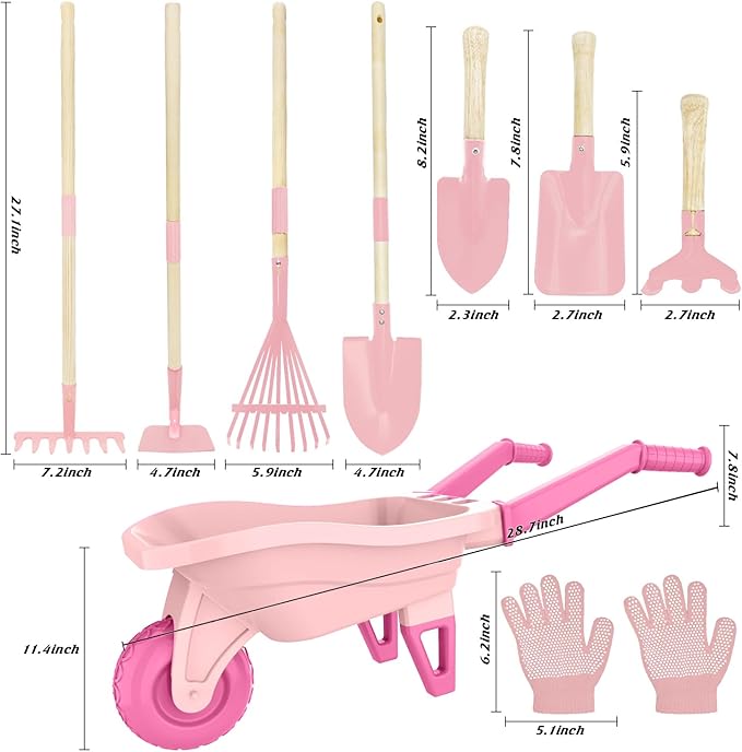 Kids Gardening Set with Wheelbarrow Real Metal Garden Tools for Kids Ages 3-8 4 Long Handle Tools 3 Hand Tool Gloves 5 Stickers Handbook Outdoor Backyard Toys for Toddler Gift