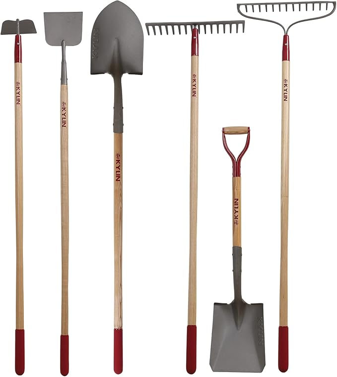 KYLIN 6-Piece Pro Long Ash Handle Garden Tools Set for Landscaping Agricture or Backyard14-Gauge ShovelsForged RakesForged Weeding Hoe Sidewalk Scraper