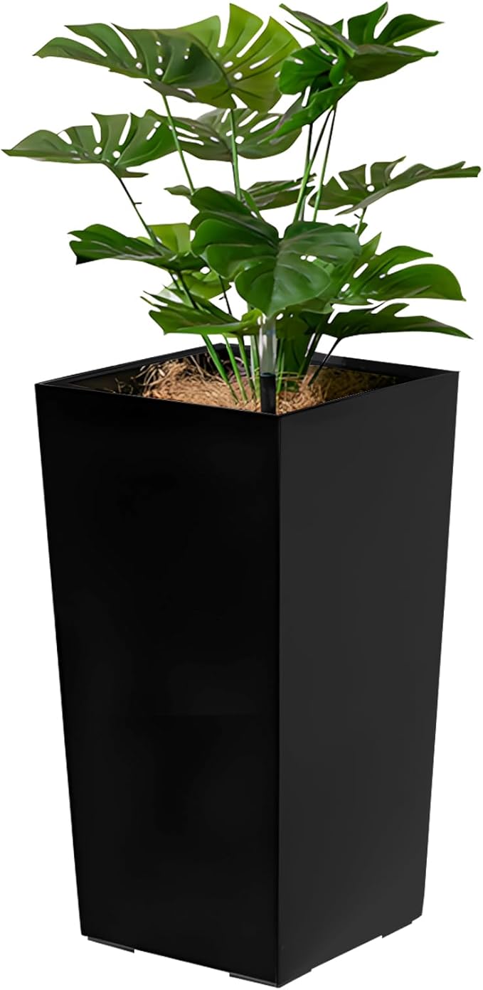 Set of 2 Large Tall Planter for Indoor or Outdoor 22 Flower Pots Tapered Tall Planters with Tray for Porch Patio Backyard Large Planters for Plants with Visual Water Level Dual Buckle Tray Black