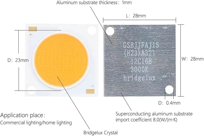 3PCS LED COB Chip Bridgelux Crystal 28 * 28mm Ra90 48W/72W/96W DC36-39V High Lumen Plant Growth Light Home Lighting for Spotlights(6500K96W)