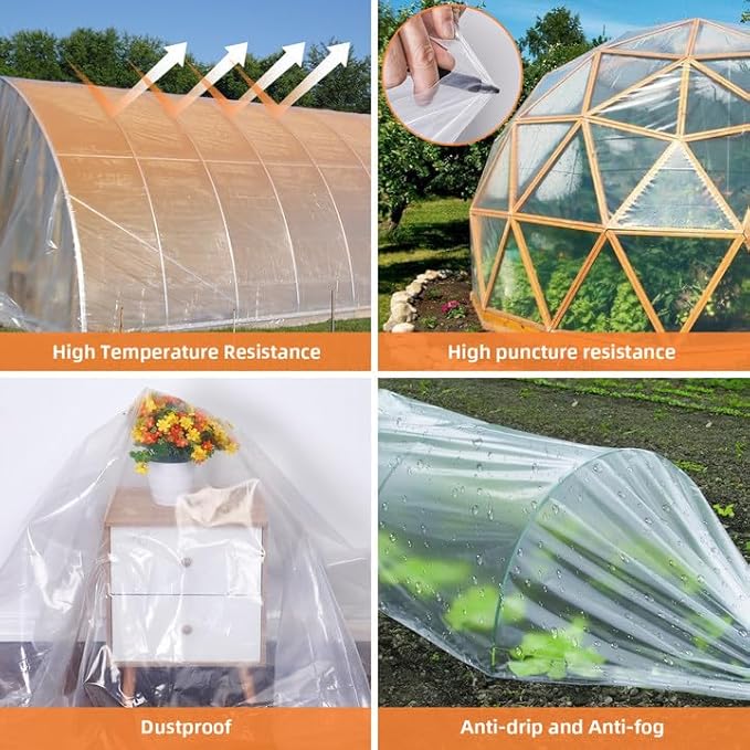 16x25 Ft Greenhouse Plastic Sheeting 6 Mil Thickness Clear Greenhouse Polyethylene Film UV Resistant Replacement Cover Hoop House Plastic Cover for Farming Gardening