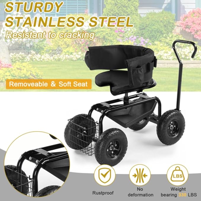 Rolling Garden Cart with Cushioned Backrest &amp Seat Outdoor Gardening Stool for Planting Garden Scooter with 360 Degree Swivel Seat &amp Steering Handle &amp Tool Tray (BackRest Seat+Handle Bla