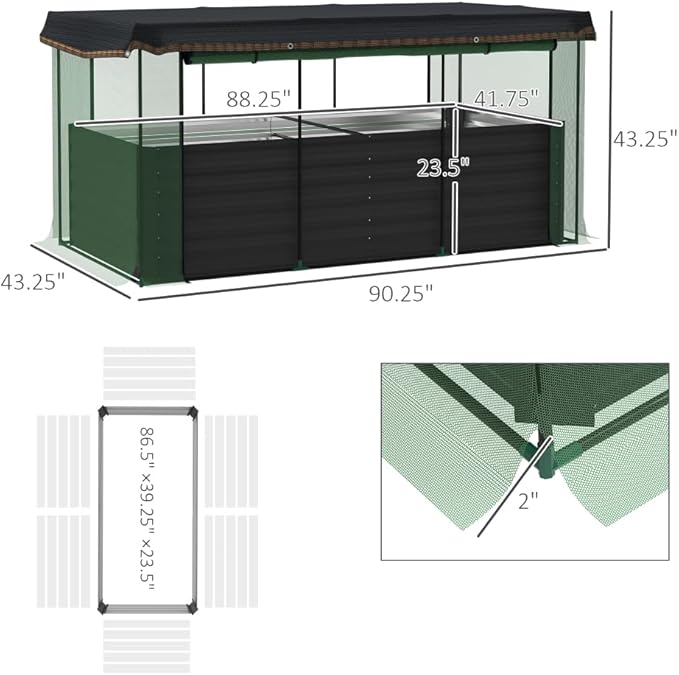 Heavy-Duty Galvanized Steel Raised Garden Bed with Integrated Crop Cage and Adjustable Shade Cloth for Outdoor Vegetable and Flower Growing (Dark Green + HDPE + Steel-1)