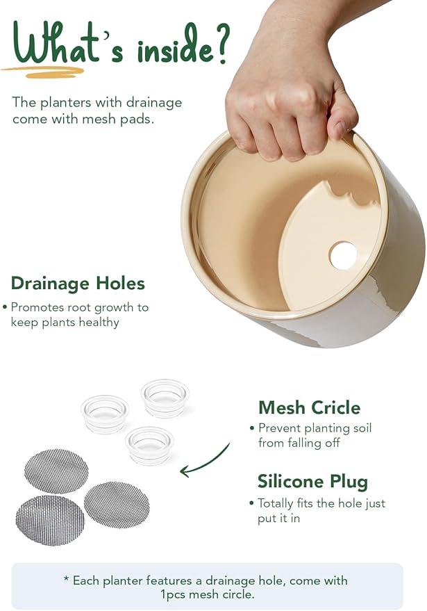 LE TAUCI Ceramic Pots for Plants 10/8/6 Inch Indoor Planters with Draiange Hole Silicone Plug &amp Mesh Pad Modern Minimalist Pots for Home Office Set of 3 Glossy Sand Beige