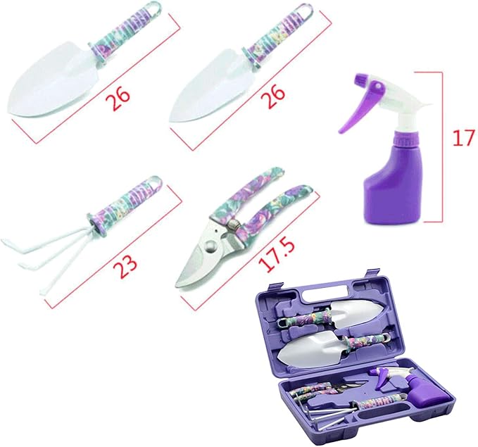 Anti-Rust Garden Tool Set with Carrying Case 5 Piece Stainless Steel Gardening Kit with Floral Pattern Grass Flower Branch Trimmer Garden Hand Tool Sprayer Farmer Box Gardening Tool for Adults Kids