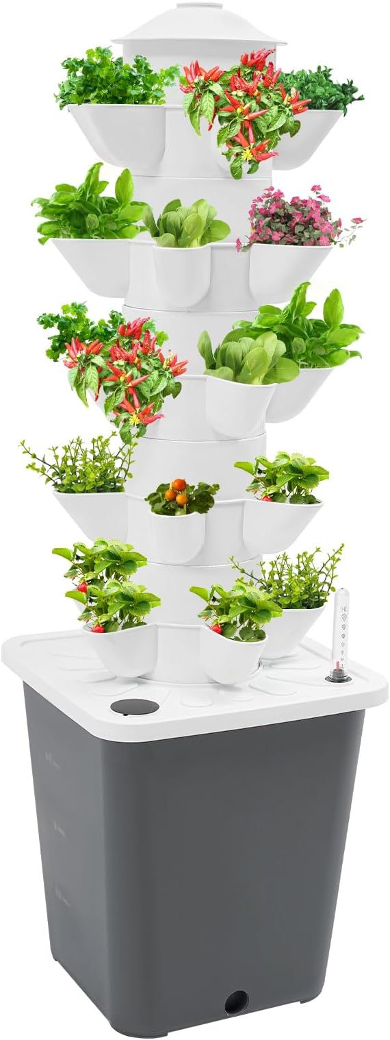 Hydroponic Growing System(No Seedlings Included) 25-Pod Hydroponic System12V 3W Outdoor Indoor Vertical Garden Home Gardening System for Indoor Herbs and Vegetables (Grey)