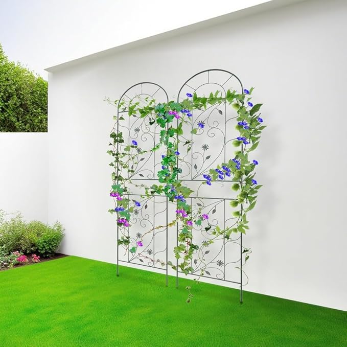 2 Packs 82.6x20 inch Metal Garden Trellis for Climbing Plants Outdoor Retro Iron Garden Decor Fences Panels Flower Plant Support Racks for Roses Vegetables Flowers Expandable (Green)