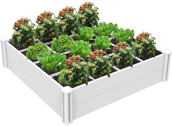 Raised Garden Bed Kit 4'x4' Outdoor Above Ground Planter Box for Growing Vegetables Flowers Herbs DIY Gardening Whelping Pen and More Screwless White Vinyl Garden Bed with Grid